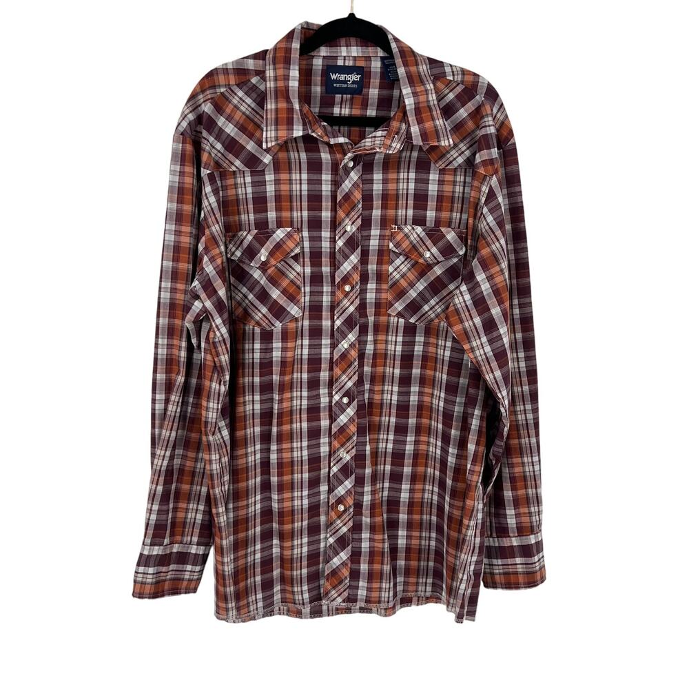 Vintage Wrangler Orange Plaid Button Up Pearl‎ Snap Long Sleeve Western Men XXL